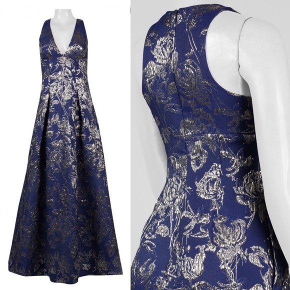 Aidan Aiden Mattox jacquard fit and flare sleeveless V-Neck long gown - Picture 1 of 8